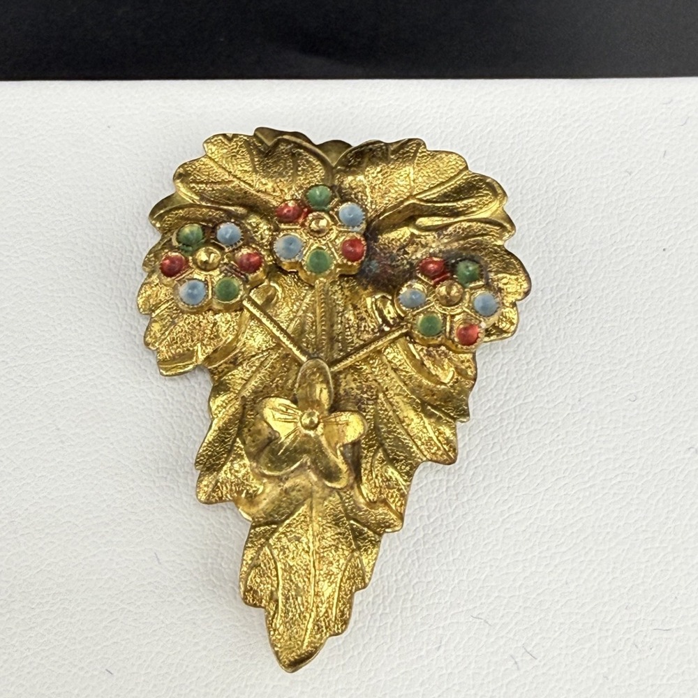 Vintage Dress Clip Gold Tone Rhinestone Leaf Flower Multi-Color 1.75"